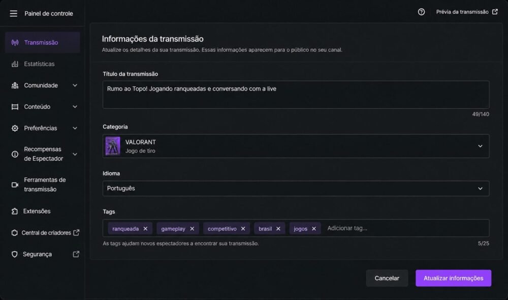 03 - configurar título categoria e idioma da Twitch
